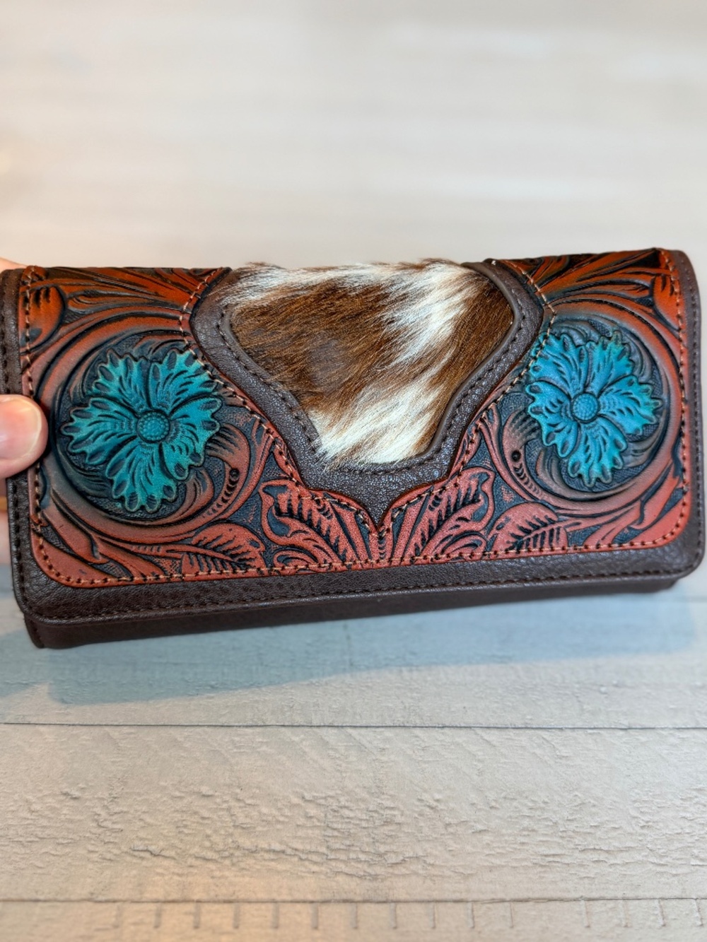 Trinity Ranch Floral Tooled and Hair-On Cowhide Collection Wallet Coffee